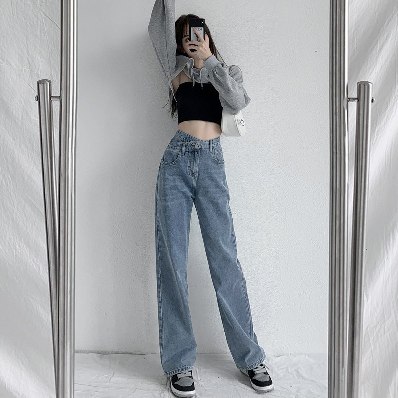 Quần Jean Ống Rộng CẠP CHÉO LƯNG CAO Nữ Màu Trắng Kem Ulzzang Unisex mặc lên cực tôn dáng