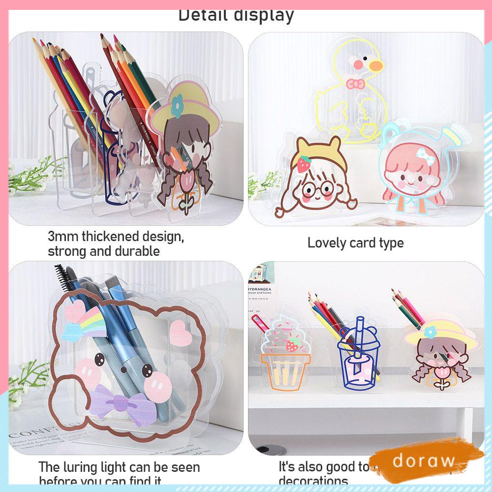 DORAW Multifunction Cartoon Acrylic Pen Holder Ice Cream Desktop Organizer Transparent Pen Holder Box Coaster Clips Cute Office Stationery Vase Kawaii Cosmetics Storage Desk Storage Box