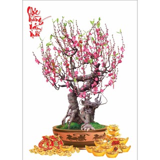 Tranh dán tường HD Chậu đào chúc mừng năm mới HUD0097 KT 50 x 70 cm