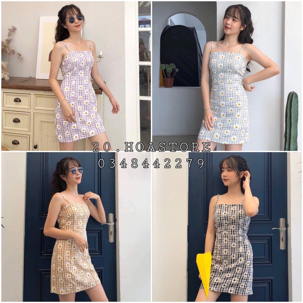 VÁY HAI DÂY KẺ HOA CÚC CARO BODY NGẮN - ĐẦM 2S CHỮ A SỌC DAISY KHOÁ KÉO CHUN SAU