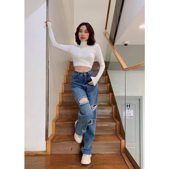 Áo nữ Croptop Tay Dài Cổ Lọ, Dáng Ôm, dưới 58kg mặc vừa