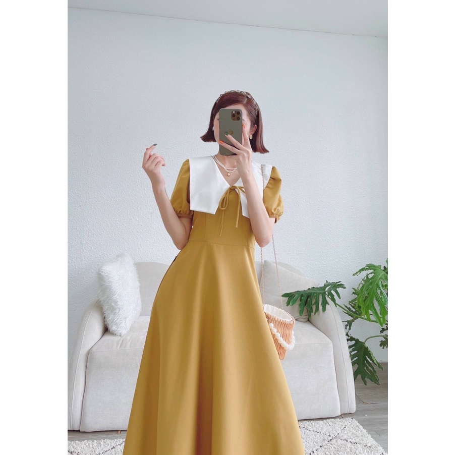 Đầm váy freesize vàng cổ trắng form dài