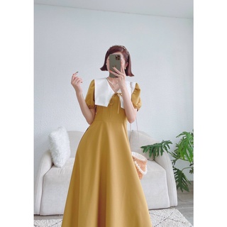 Đầm váy freesize vàng cổ trắng form dài