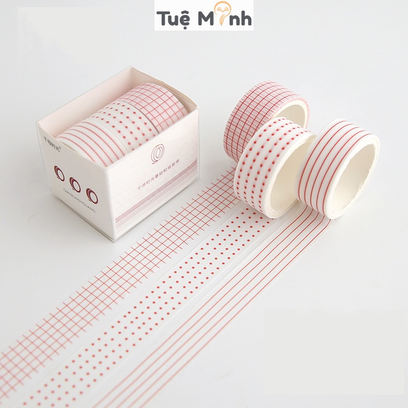 Set washi tape dài 3m họa tiết kẻ, chấm bi - bộ băng dính trang trí sổ Bullet Journal, thiệp