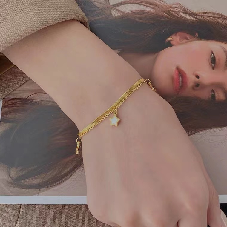 Dây Chuyền Hai Lớp Bằng Thép Không Gỉ Mạ Vàng 18K Hình Ngôi Sao Năm Cánh Phong Cách Hàn Quốc