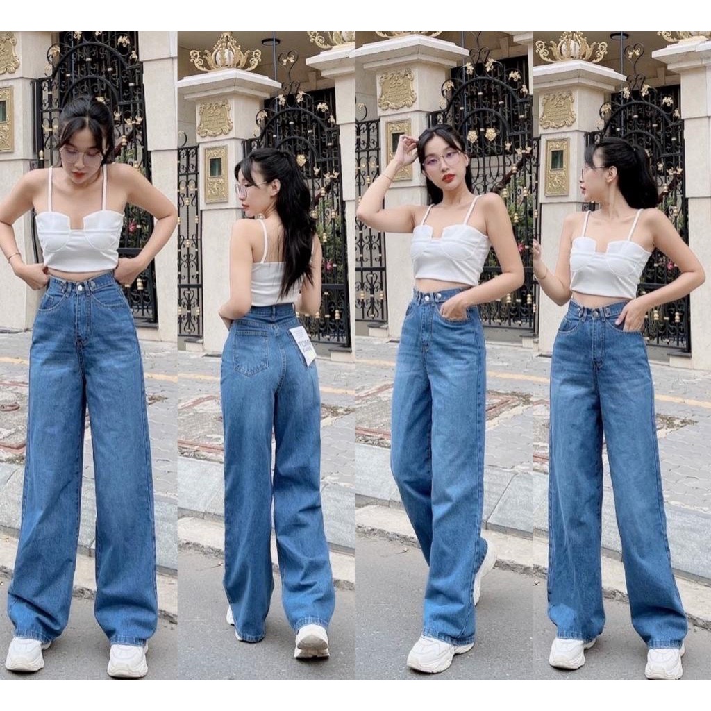 (Hình Video Shop Chụp) Quần jeans ống suông đen nữ lưng cao tôn dáng cạp nút shop Maika-Jeans