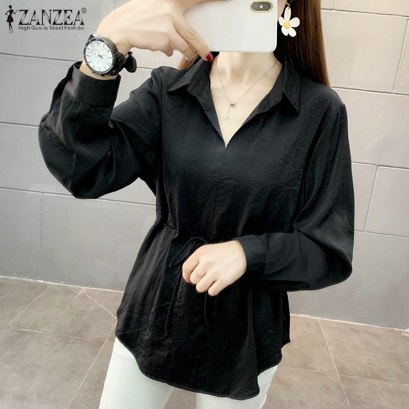 Áo sơ mi Zanzea cổ bẻ dáng rộng màu trơn phối dây rút thời trang trẻ trung cho nữ