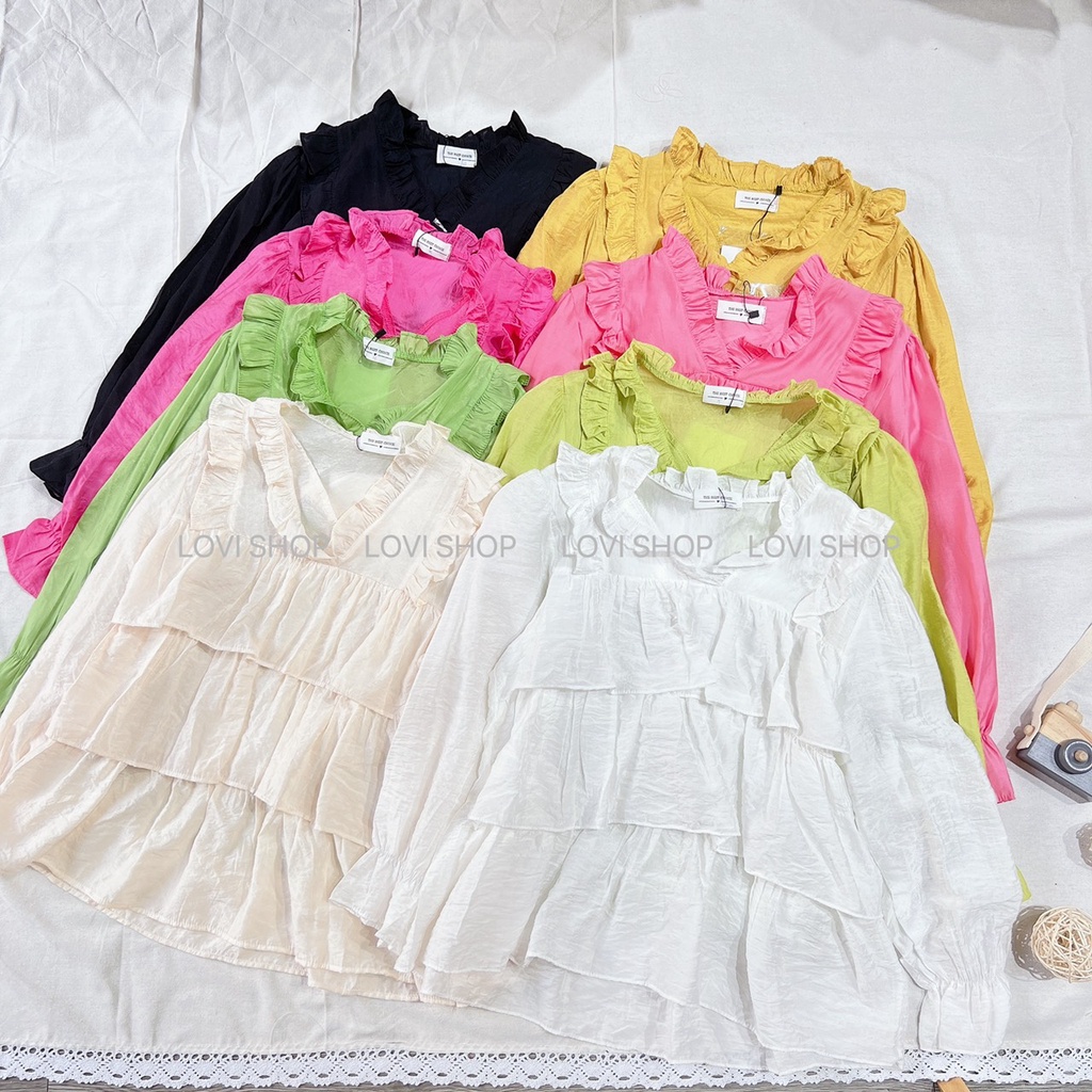 LOVI SHOP- Áo bèo tầng babydoll tay dài cổ V iểu thư nhiều màu xinh xắn chất tơ ánh kim cao cấp