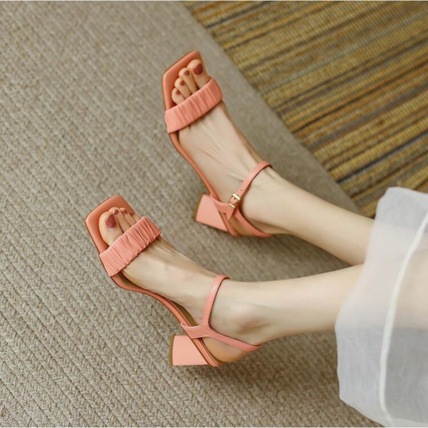 Sandal cao gót nữ, đế tam giá trụ 5cm, quai nhún dây cài, thanh lịch sang trọng