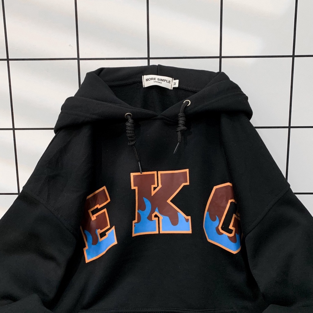 Áo Hoodie Form Rộng EKG Vải Nỉ Lót Bông Phong Cách Ulzzang Unisex