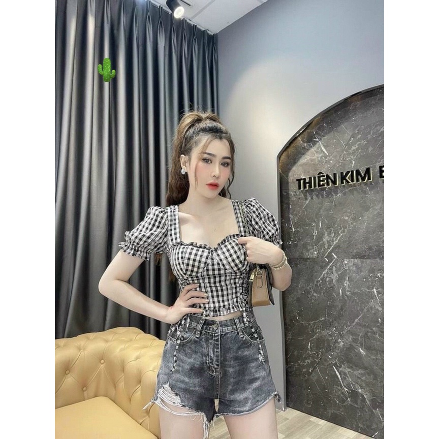 Áo kiểu croptop cổ vuông caro rút dây 2 bên có mút cực xinh , chất kate mềm mịn