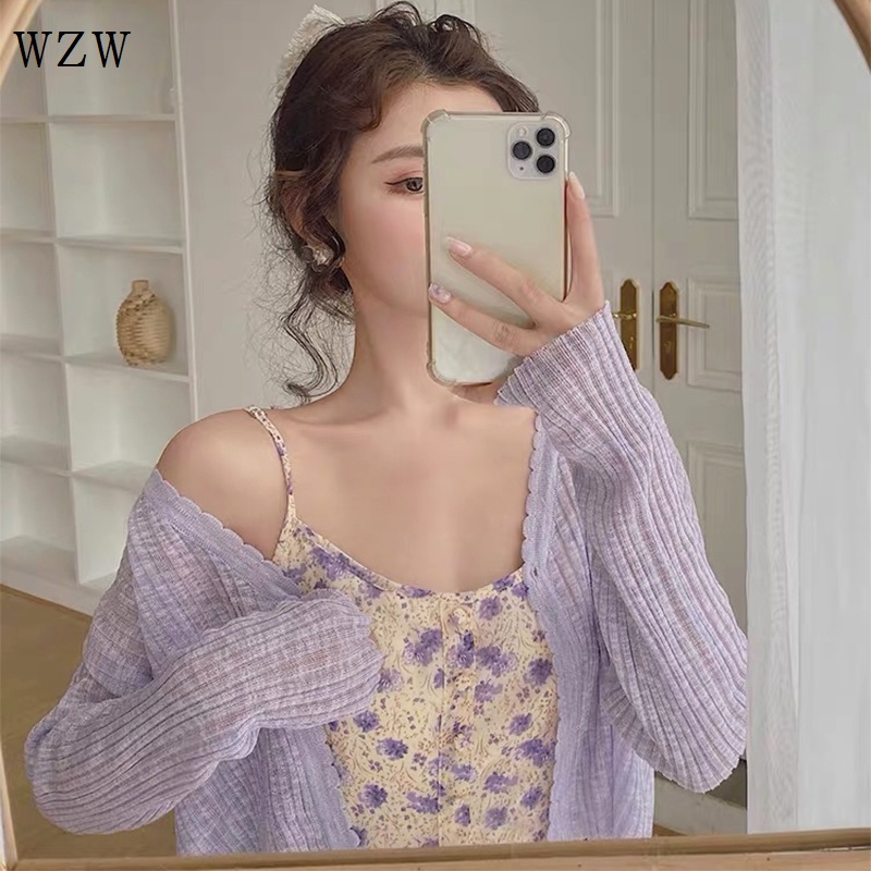 Áo Khoác Cardigan Dệt Kim Mỏng Chống Nắng Màu Tím Ngọt Ngào Kèm Váy Ngắn Thời Trang Mùa Hè Cho Nữ