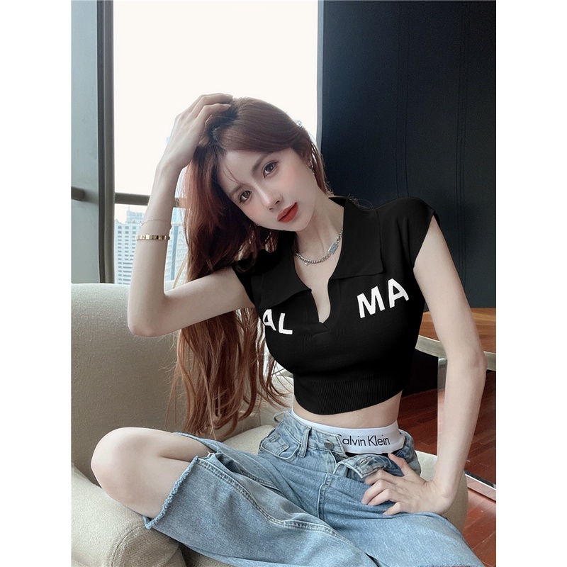 Cocory vn Áo Croptop Dệt Kim Sát Nách Cổ Polo In Chữ Quyến Rũ Thời Trang Mùa Hè 5 Màu Sắc Tùy Chọn Dành Cho Nữ