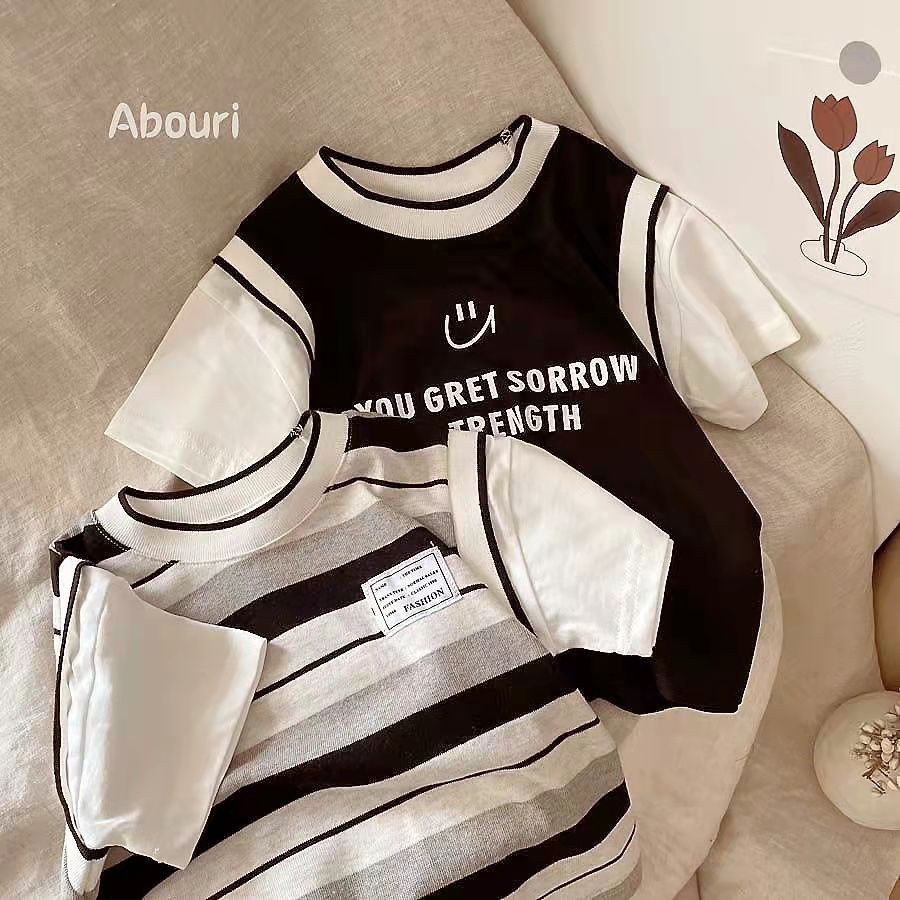 Áo Thun Tay Ngắn Giả Hai Lớp 100% cotton In Họa Tiết Kẻ Sọc Thời Trang Mùa Hè Cho Bé Trai