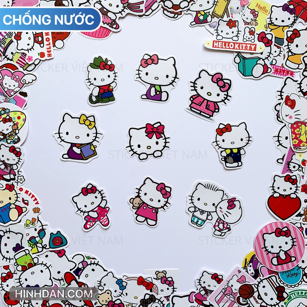 Sticker HELLO KITTY  chống nước dán nón bảo hiểm, tủ, đàn guitar, laptop, máy tính, xe, vali, tường