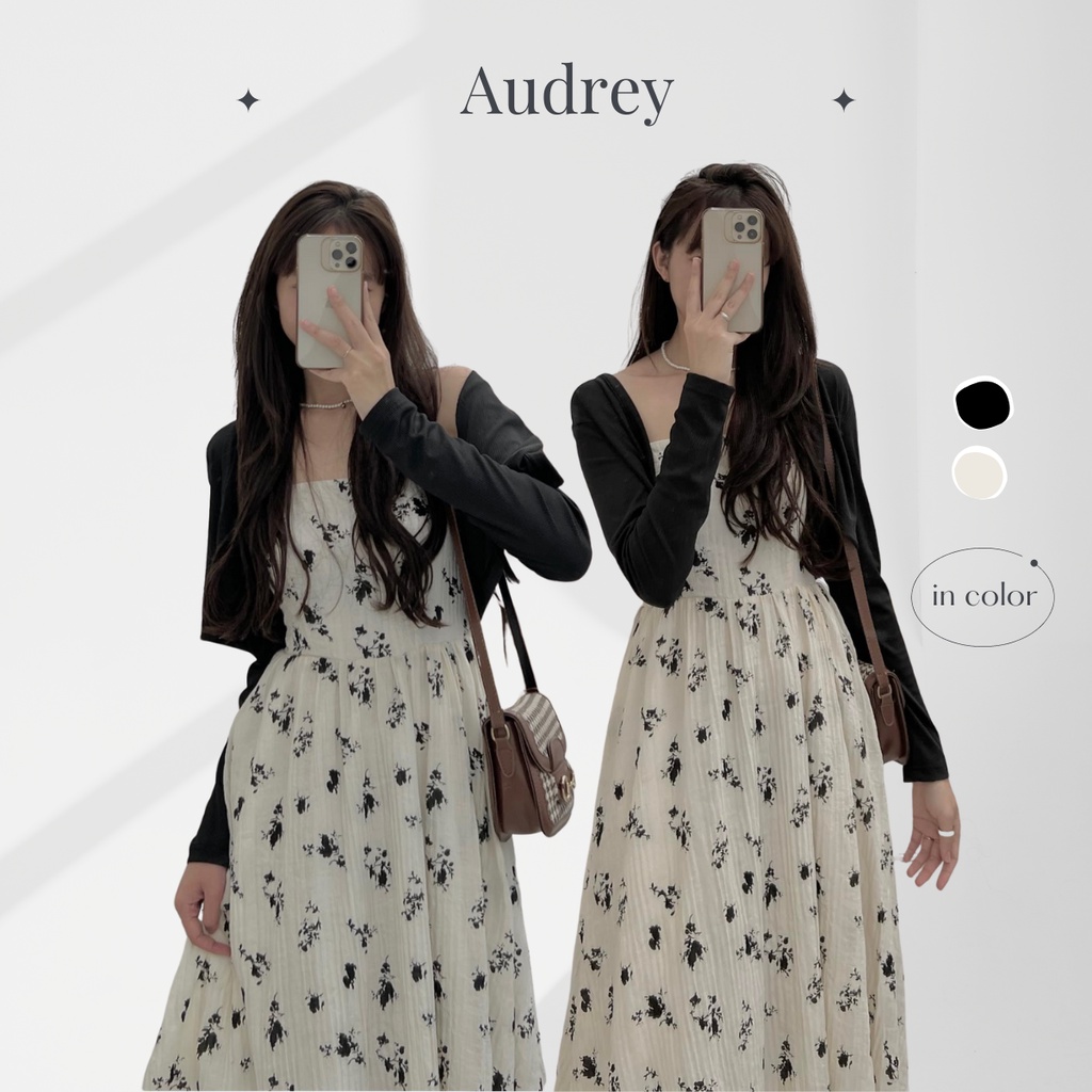 V7819 Váy hai dây hoa nhí midi lưng chun kèm áo cardigan croptop AUDREY