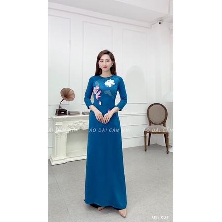 Áo dài truyền thống, Áo dài cổ tròn, Áo dài Thêu hoa màu xanh mã K23