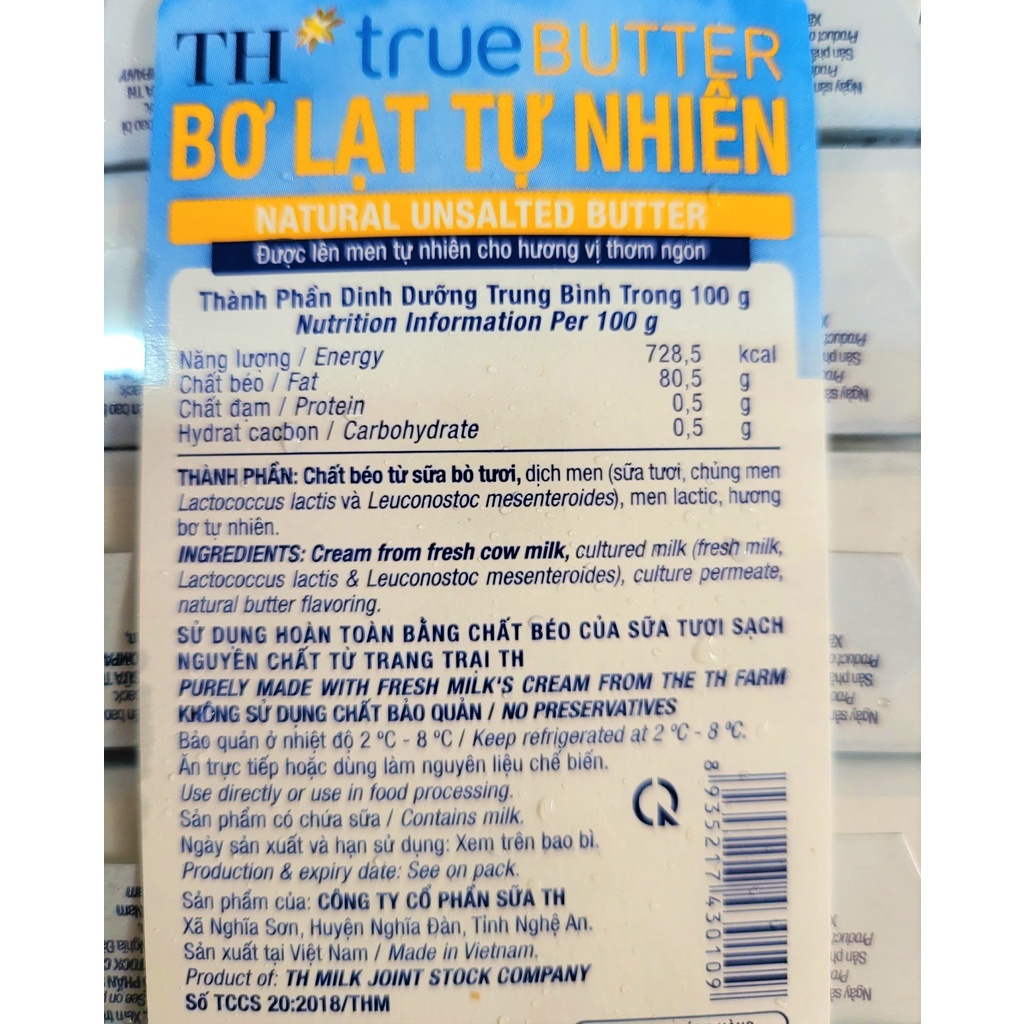 [10 viên x 10g] BƠ LẠT TỰ NHIÊN [VN] TH TRUE Natural Unsalted Butter (nw5)