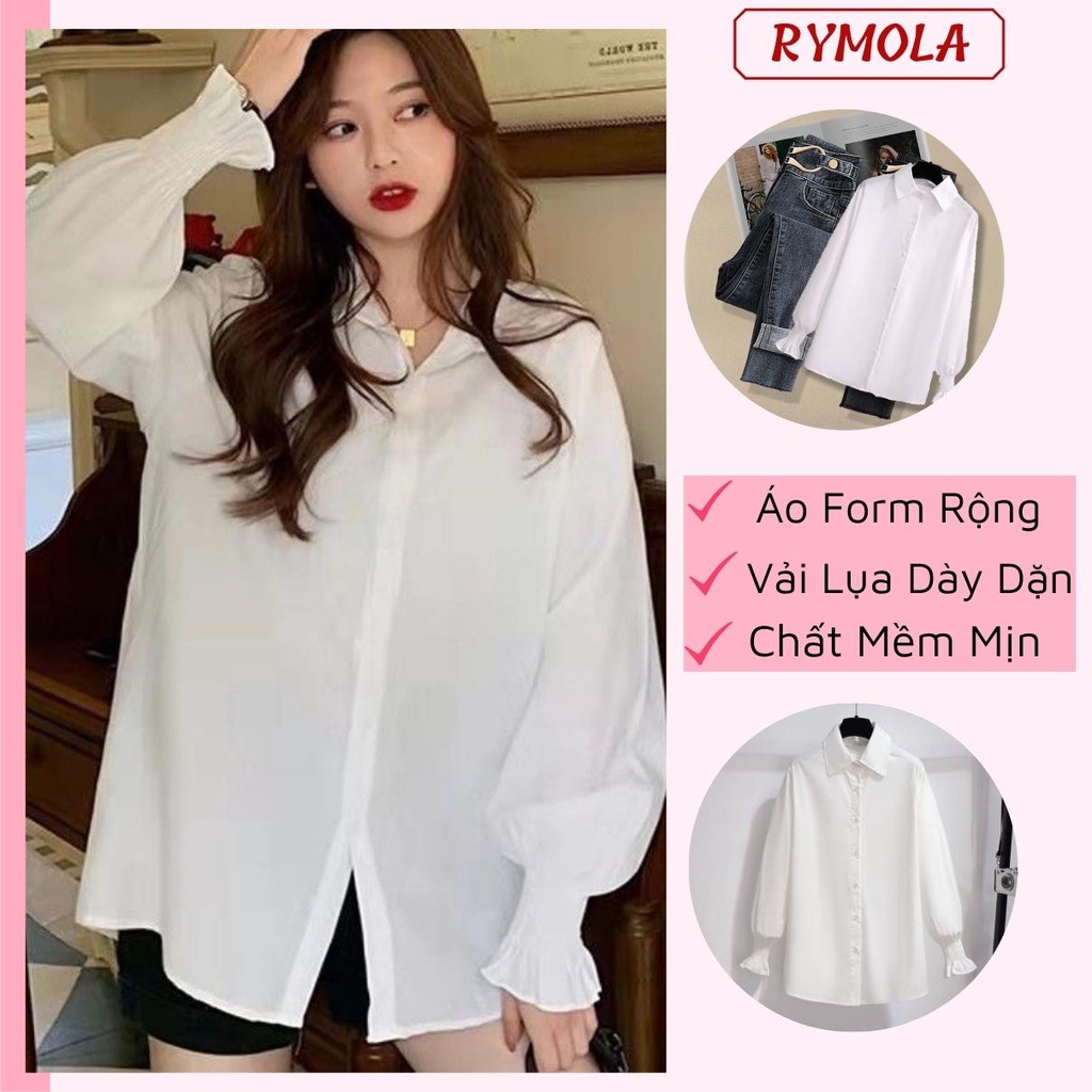 Áo Sơ Mi Trắng Nữ Kiểu Công Sở Form Rộng Đẹp MOLA Tay Phồng Dài Bo Chun Bánh Bèo Hàn Quốc Màu Trắng Kem và Trắng Tinh