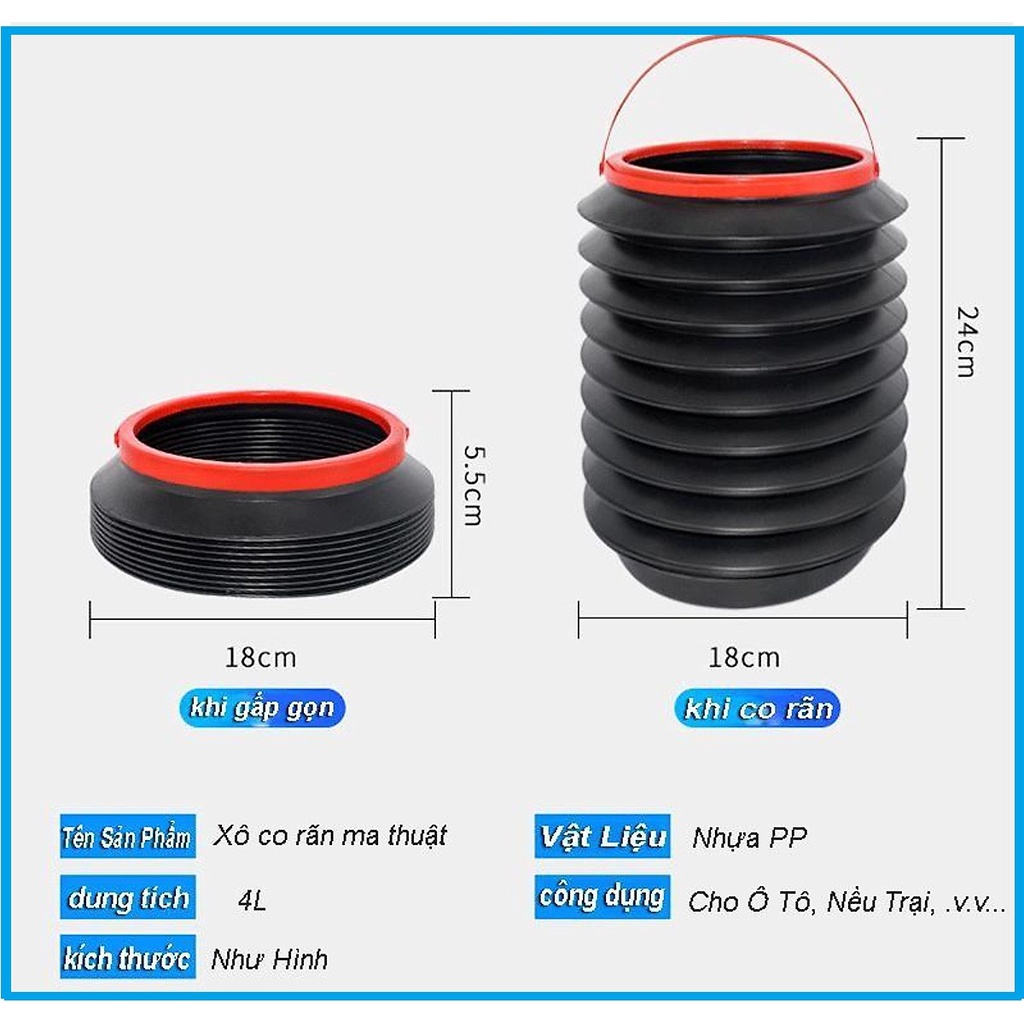 Dụng cụ chứa nước xếp gọn cho ô tô, dã ngoại, cắm trại chứa 4 lít - Chiều dài xếp gọn 5,5 cm kéo dãn 24 cm