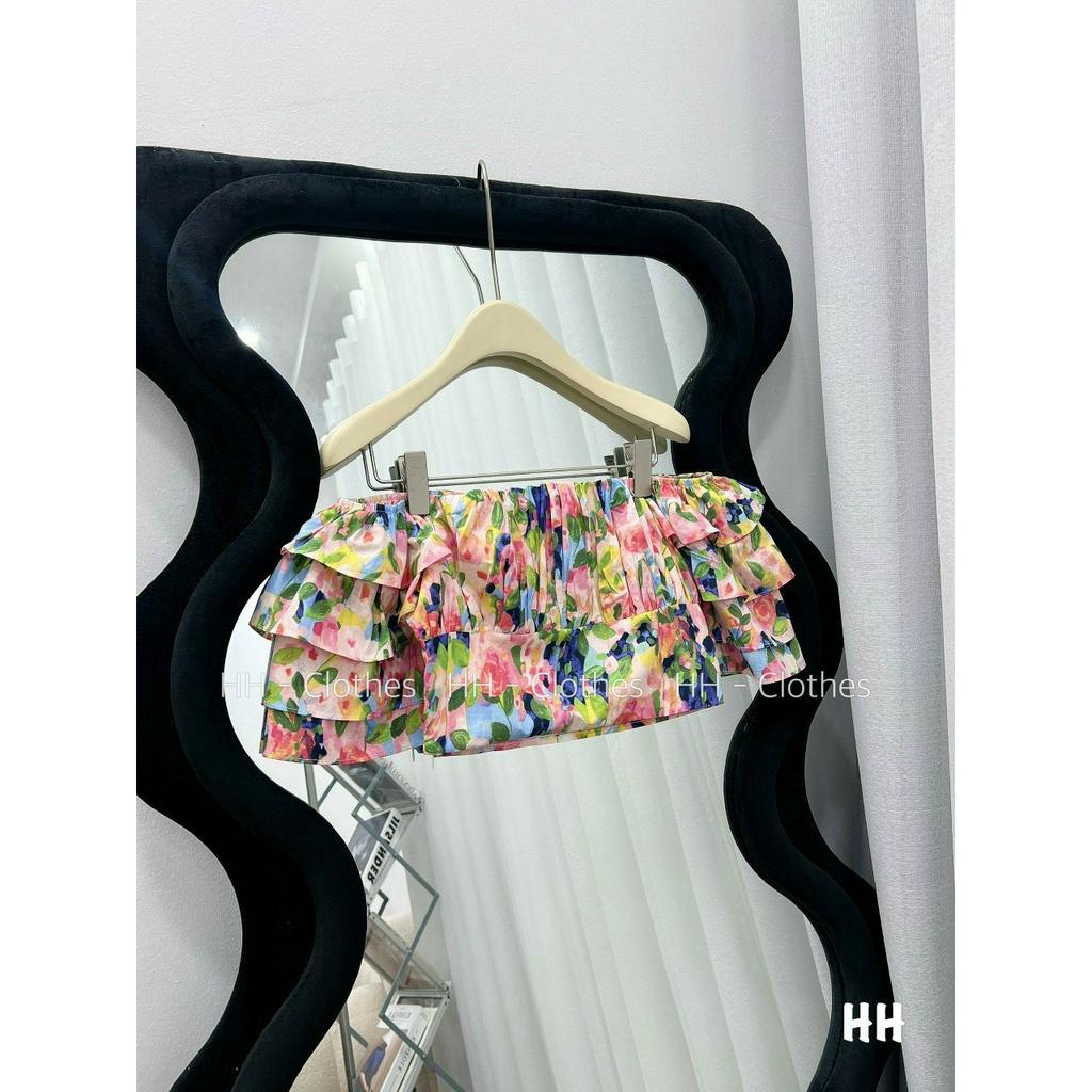 Áo trễ vai hoa nhí nữ croptop tay bồng viền bèo tầng dáng ngắn đi biển ulzzang Hàn Quốc