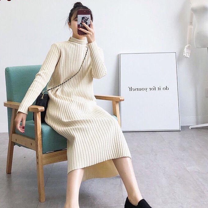 váy len suông dài tay cổ lọ, đầm dáng dài thu đông vải len gân to hàng quảng châu 2 màu xinh xắn