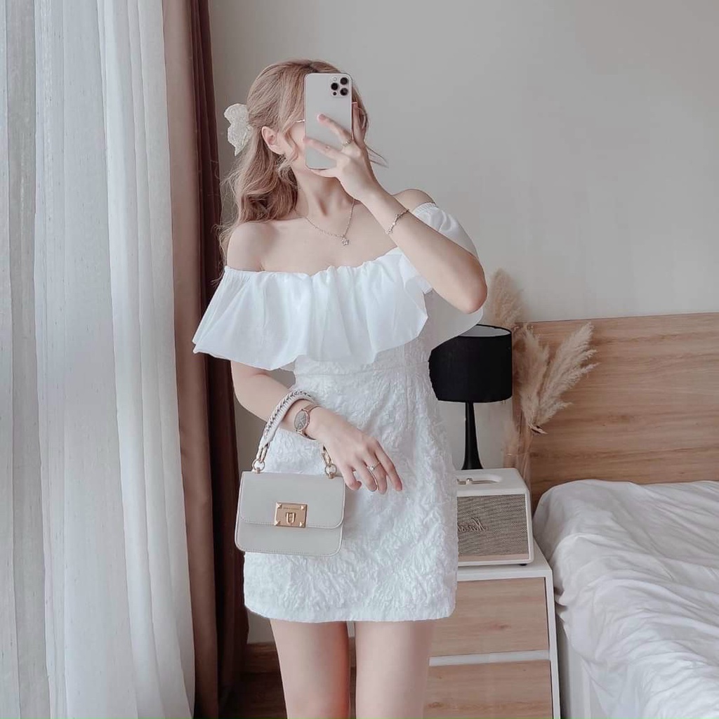 Váy đầm nữ dự tiệc dáng xòe trễ vai cổ bèo đầm xốp phối voan tơ ( có mút ) sang trọng thời trang Bella Luu Shop