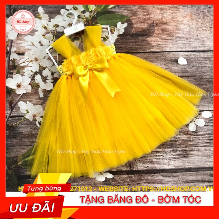 Váy công chúa cho bé ❤️FREESHIP❤️ Váy xòe vàng hoa 3D cho bé gái - váy diện trung thu