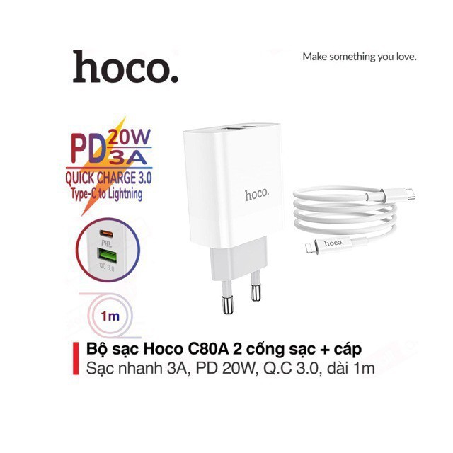 ❄❄Bộ Sạc Nhanh IPhone❄❄Bộ sạc  Hoco C80A chuôi tròn 2 cổng USB/Type-C kèm dây sạc Type-C to Lightning dài 1M