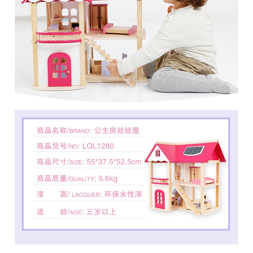 Ngôi Nhà Búp Bê Bằng Gỗ Màu Hồng Doll house - có kèm bàn ghế giường tủ đầy đủ như ảnh