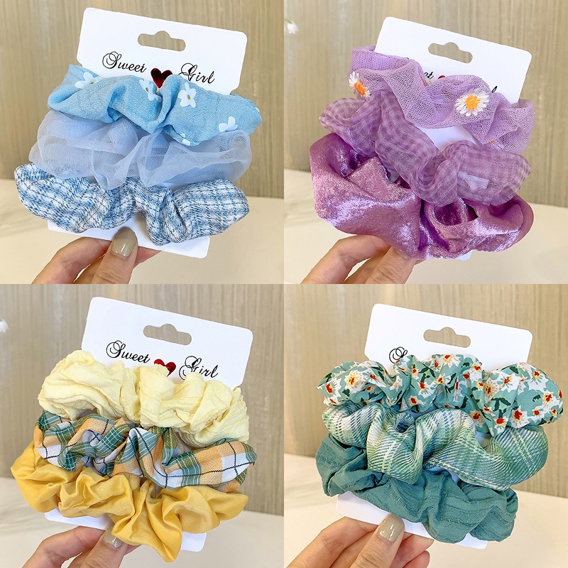 Bộ 3 Dây Buộc Tóc Co Giãn Họa Tiết Hoa Phong Cách Hàn Quốc Cho Nữ