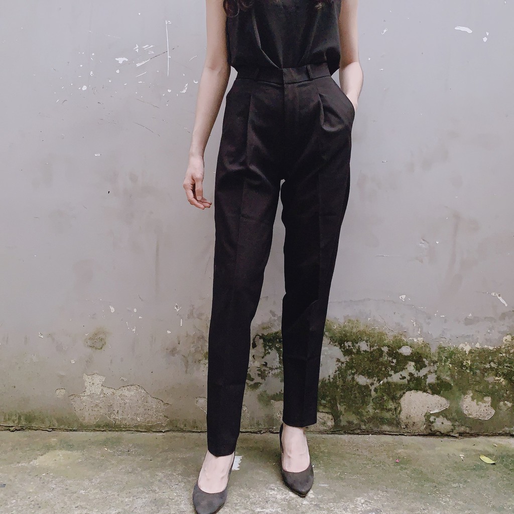 Quần dài baggy cạp cao chất vải kaki màu đen