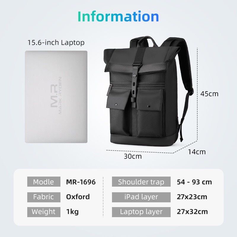 Balo Mark Ryden - Balo Doanh Nhân Cao Cấp Mới Nhất 2022.Chống Nước,Chống Sốc Laptop 15.6 Inch MR1696