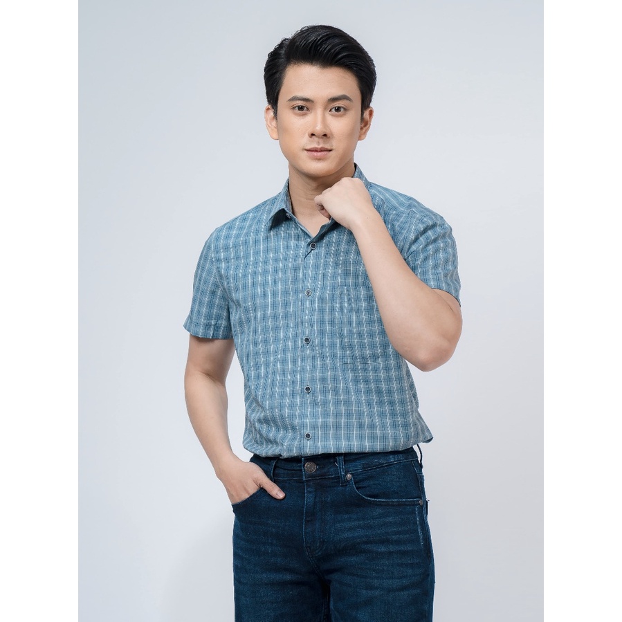 Áo sơ mi owen ngắn tay màu xanh rêu navy kẻ caro regular fit vải sợi sen AR220084NT