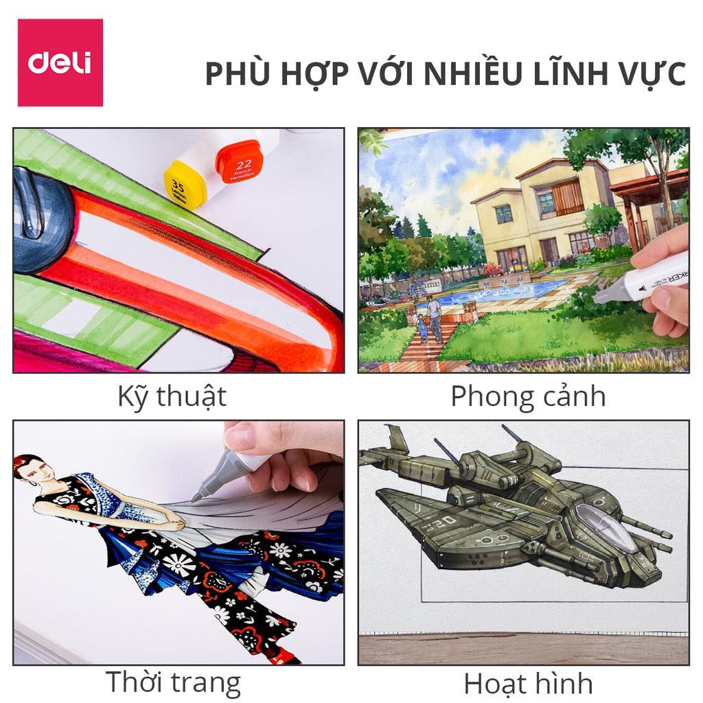 Bút lông màu Maker chuyên nghiệp DELI hộp nhựa an toàn cho bé - 2 đầu cao cấp Deli