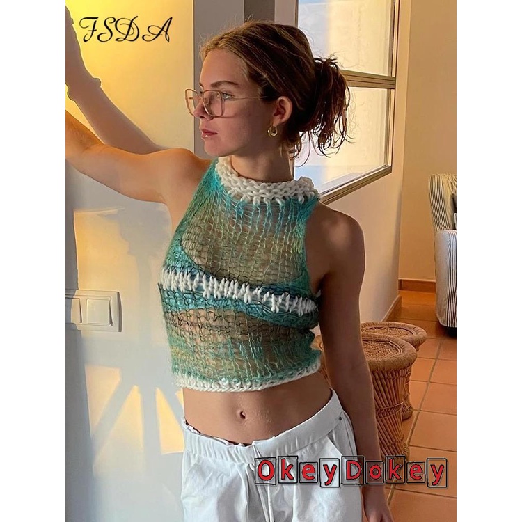 OKDK-Women Vintage Patchwork Knitted Tank Top Y2K Cutout Cropped Summer Beach Holiday Mini Vest Fashion Clothes