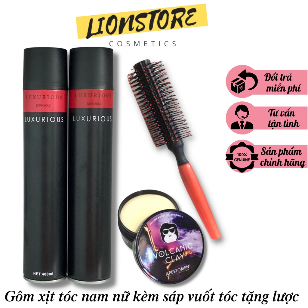 Gôm xịt tóc luxurious kèm sáp vuốt tóc volcanicz clay tặng lược tròn