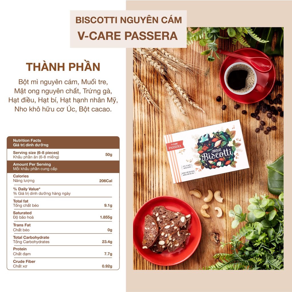 Bánh Biscotti giảm cân V-CARE PASSERA – Vị Cacao Đậm đà – hộp 100g