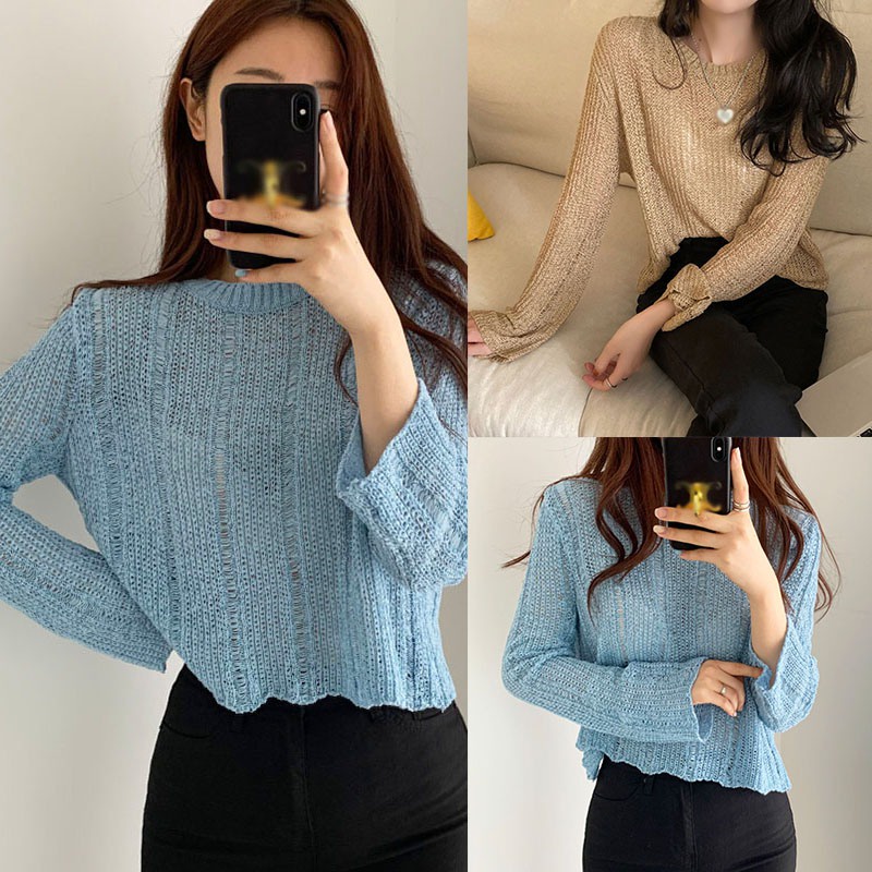 Áo len dệt kim rỗng nữ bằng lụa lạnh mỏng tay dài
