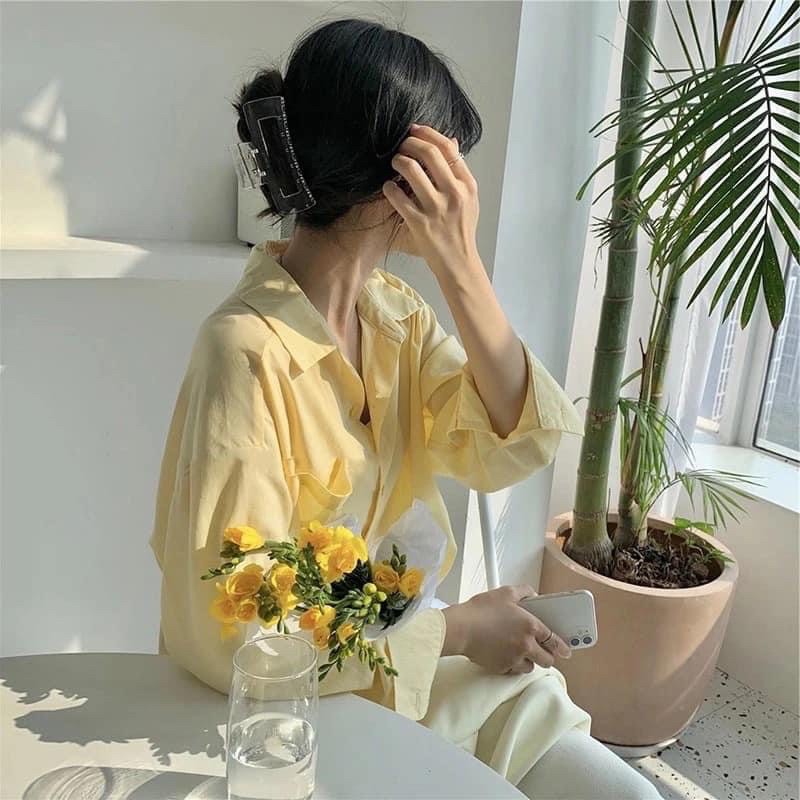 Áo sơ mi lụa vạt bầu tay suông , áo sơ mi dáng rộng pastel dài tay phong cách Hàn Quốc