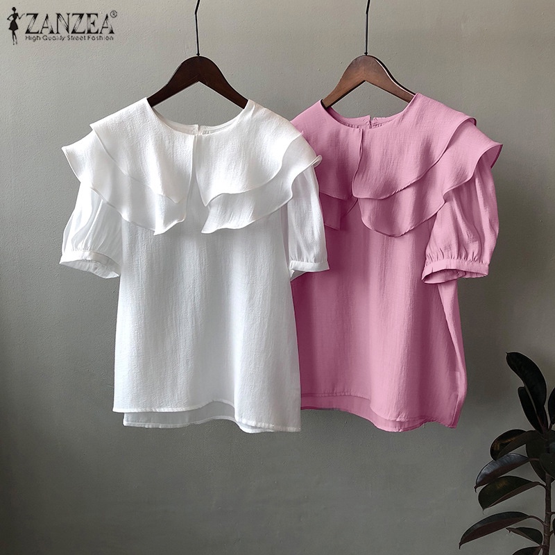 Áo sơ mi Zanzea tay ngắn dáng rộng màu trơn phong cách Hàn Quốc thời trang cho nữ