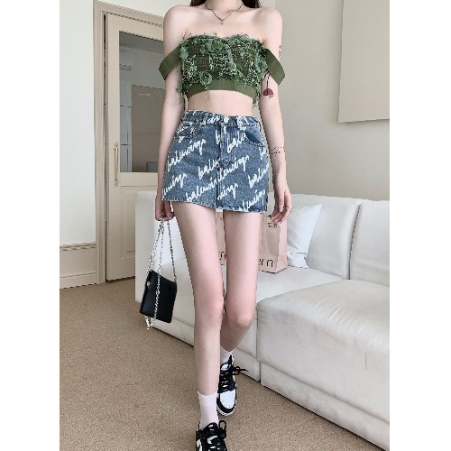 Porozi  Trang phục  chân váy jean dáng chữ A lưng cao/ áo ống thời trang Hàn Quốc dành cho nữ