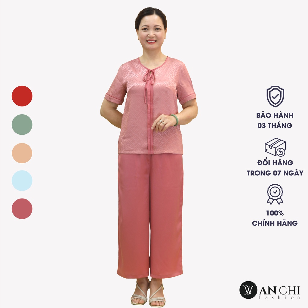 Đồ Bộ Trung Niên Nữ Lụa Họa Tiết Cao Cấp ANCHI B30 Hồng, Set Đồ Mặc Nhà Sang Trọng Cho Mẹ