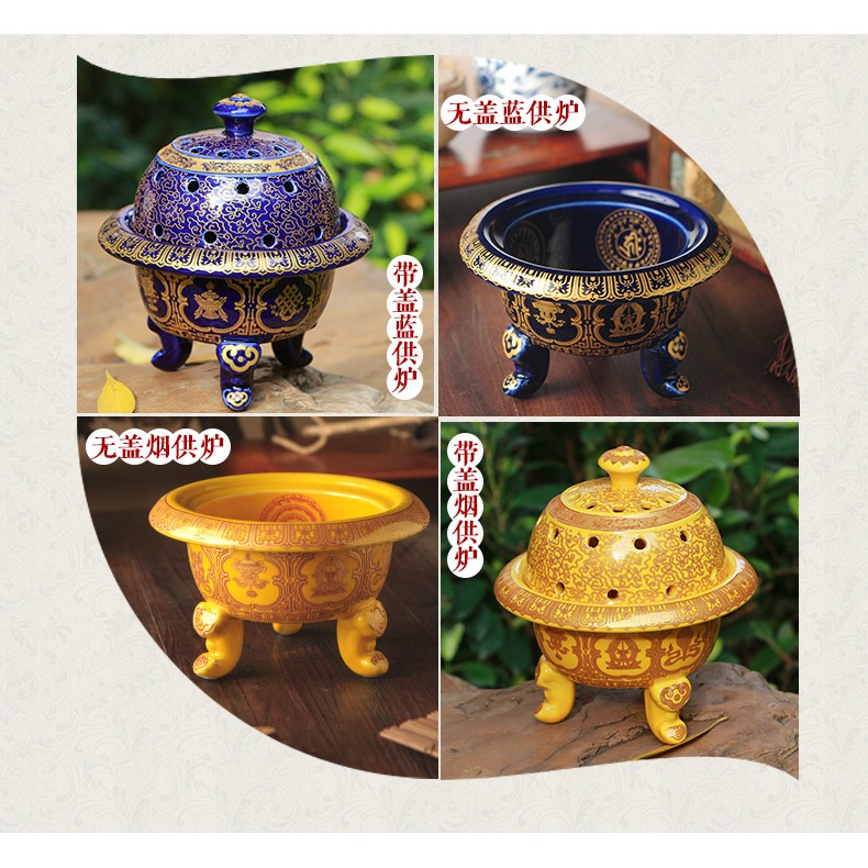 Lư cúng sur bằng sứ cao cấp, hoa văng nhũ vàng - Pháp khí Mật tông - Phật giáo Tây Tạng