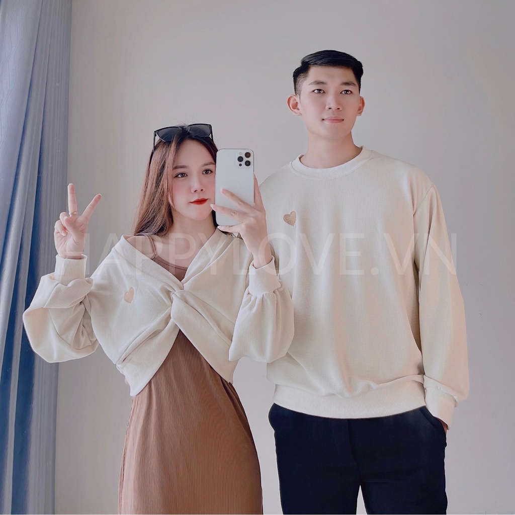 Set Đồ Đôi Couple Áo nam Váy nữ màu Be Kem thêu hình Trái tim Quảng Châu cao cấp cho các Cặp đôi nam nữ HAPPYLOVE H33