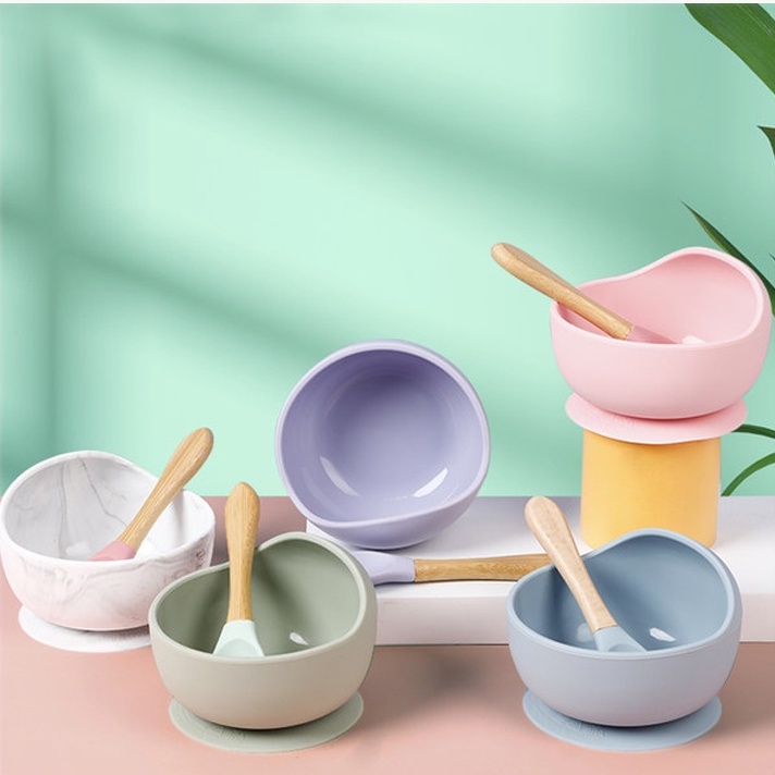 Bộ Tô Và Muỗng Ăn Bằng Silicone Cấp Thực Phẩm Có Giác Hút Cho Bé
