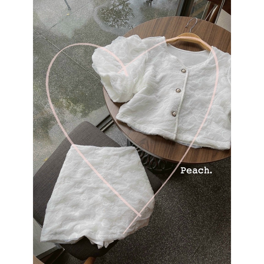 Set áo croptop cổ v tay bồng bông xốp với chân váy chữ A