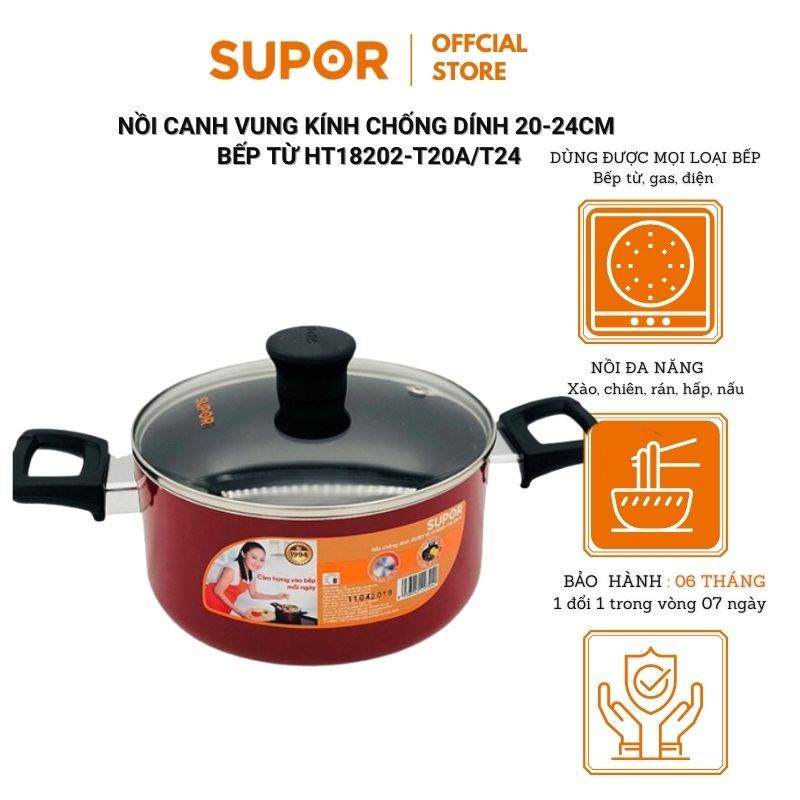 Nồi canh cao cấp phủ men chống dính vung kính mầu đỏ đun dùng được bếp từ SUPOR H18202-T20/24