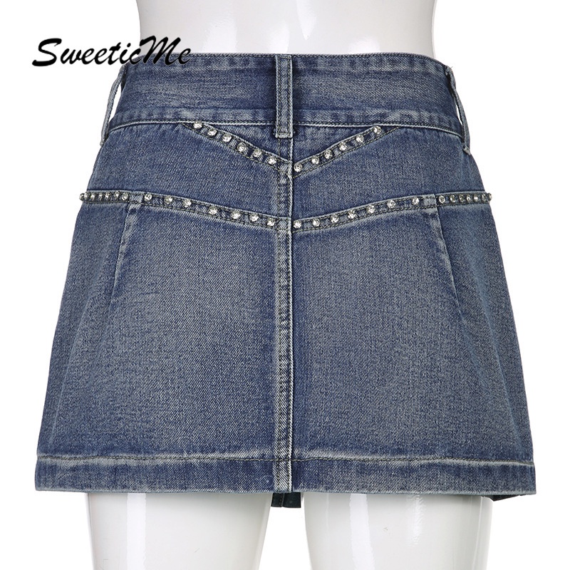 Sweeticme Chân váy jean Đính Đinh Tán Lưng Thấp