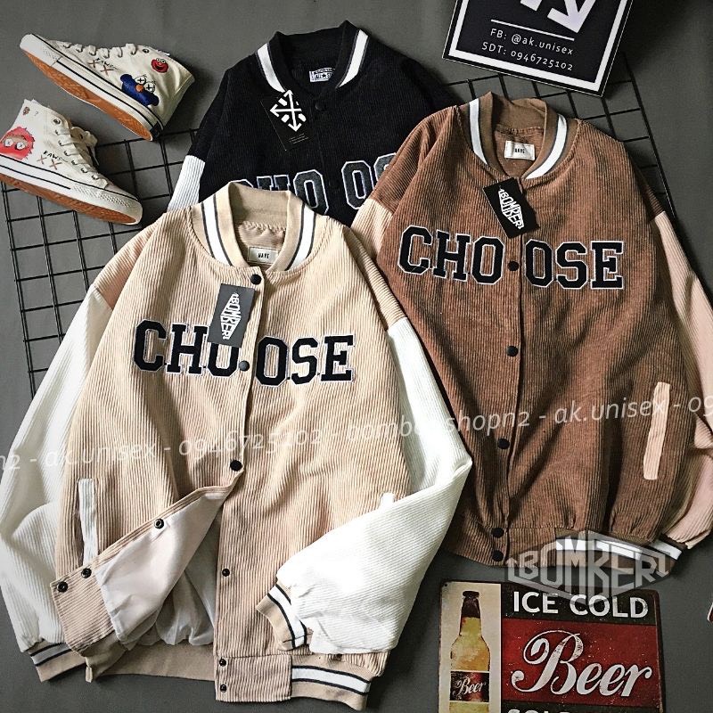 Áo Bomber Thêu chữ CHOOSE chất liệu nhung tăm cực dễ phối đồ, Áo Khoác Unisex Nam Nữ 2 LỚP (SỈ RẺ IB)